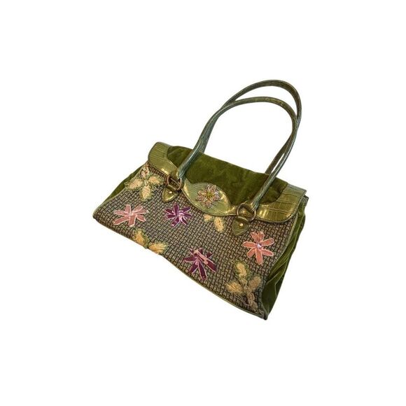 Vintage Green Floral Embroidered Handbag With Dual Handles & Croc Texture Accent - Picture 7 of 15
